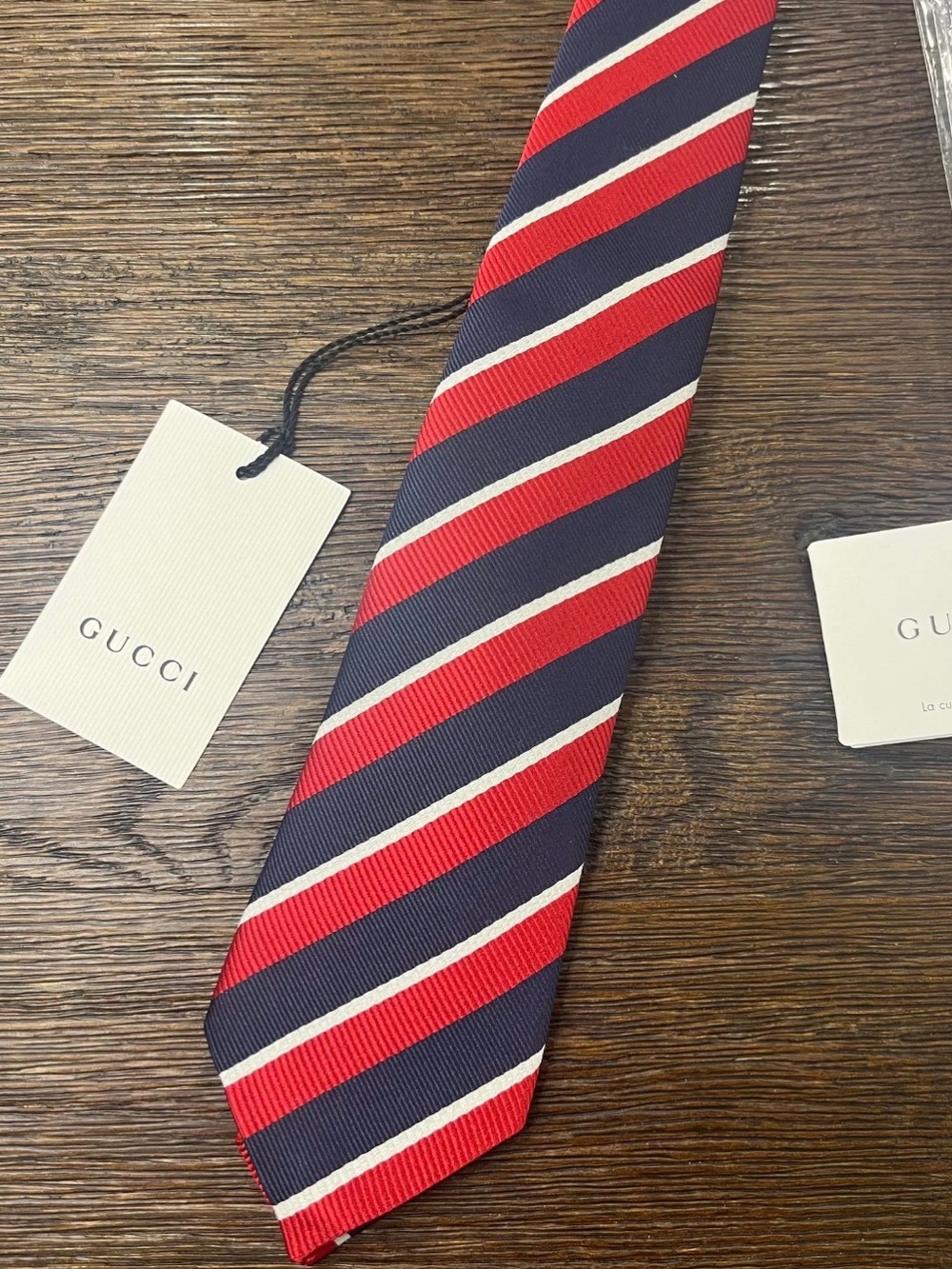 Gucci Navy, Red and White Diagonal Stripe Men's Tie